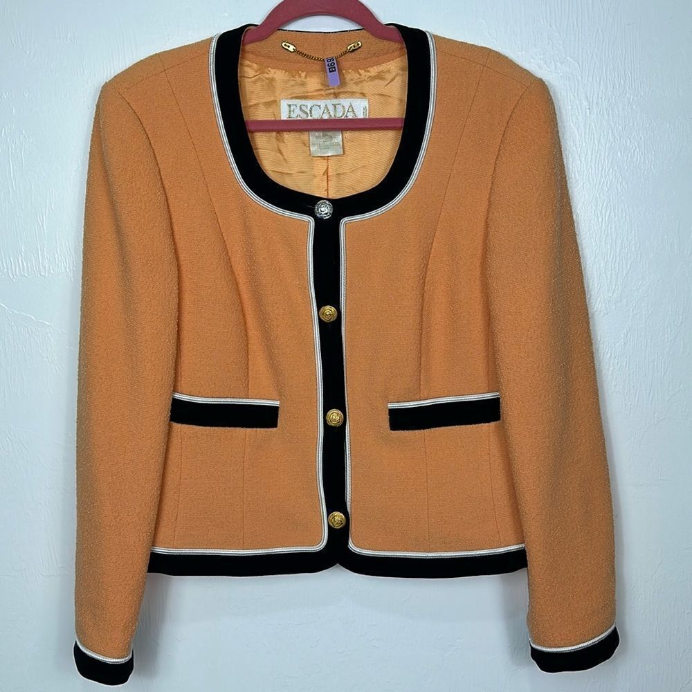 Escada Coral Boucle Wool Blend Cropped Blazer with Black Trim